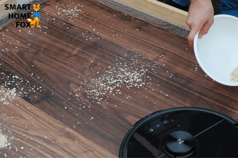 Roborock S6 MaxV during the oatmeal suction test on the hard floor.